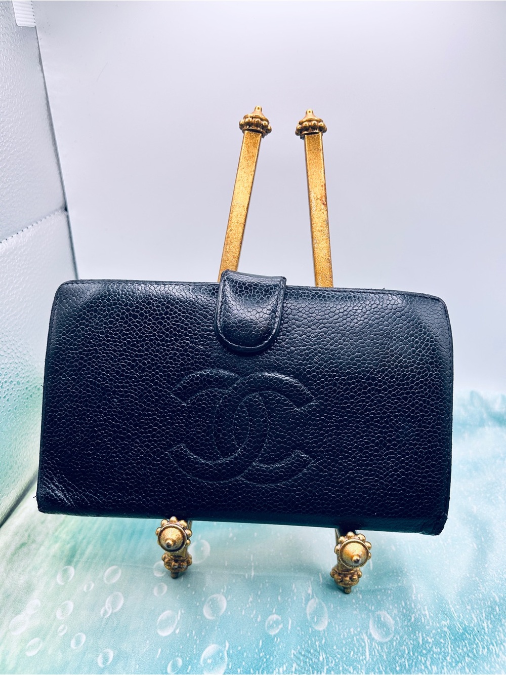 Authentic Chanel Vintage Black Caviar Leather timeless CC long wallet 9-Series